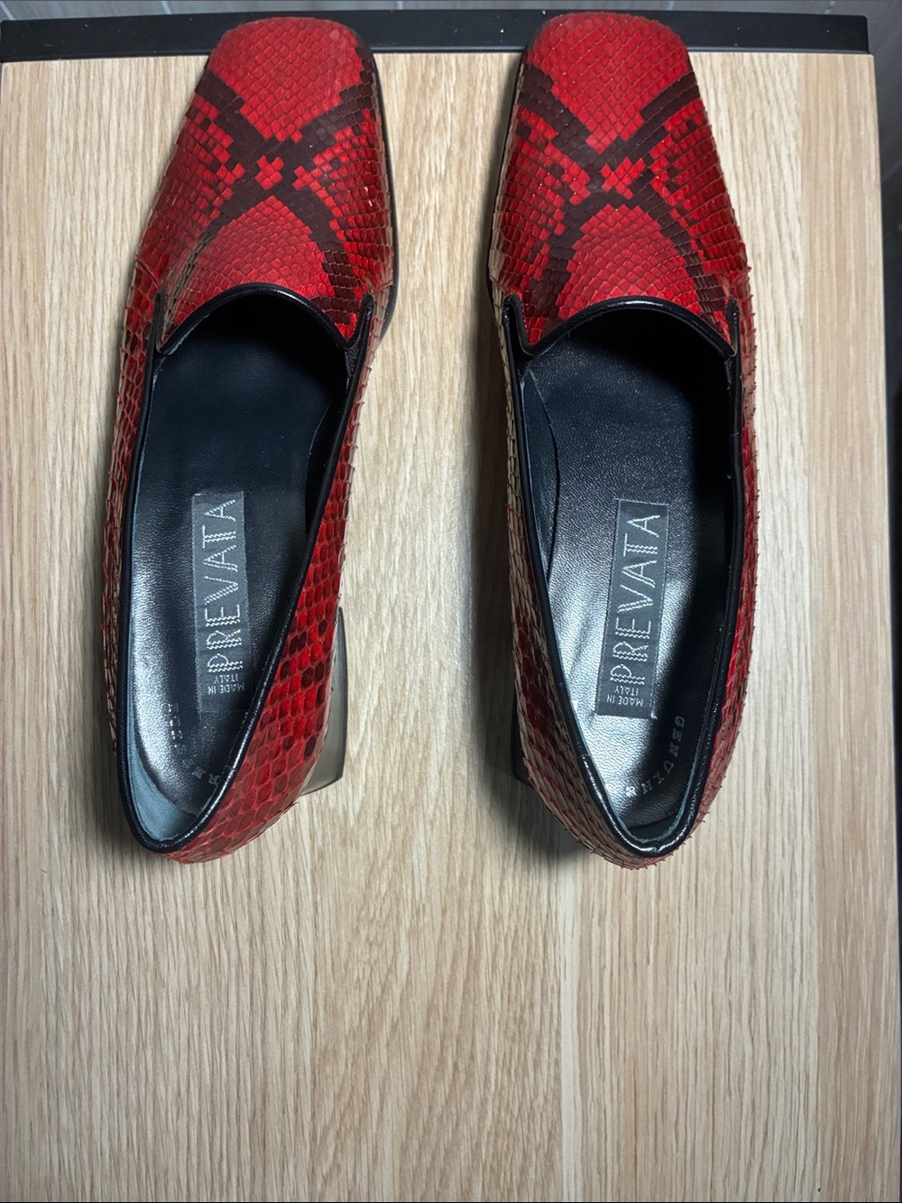 Prevata Red Snake-Print Square-Toe Heels